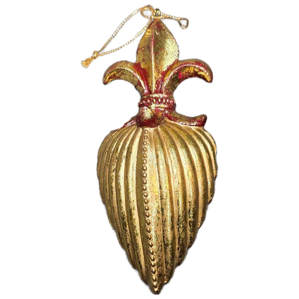 Vintage Fleur De Lis Christmas Ornament Gold Red Antiqued Teardrop 6 Inch